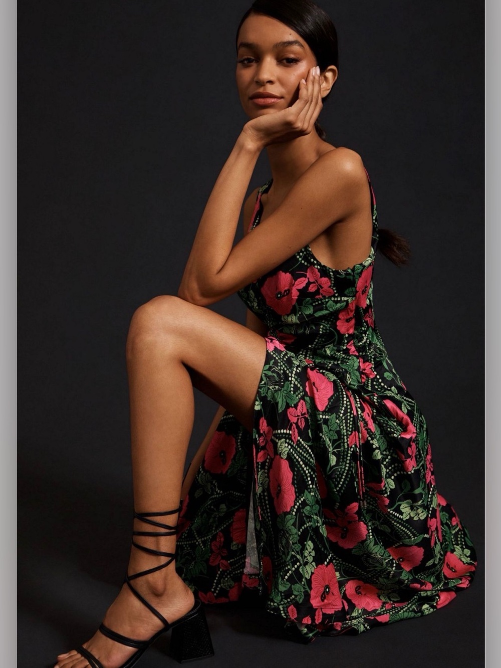 Maeve Anthropologie Black Ruched Midi Dress with Pink Floral Print